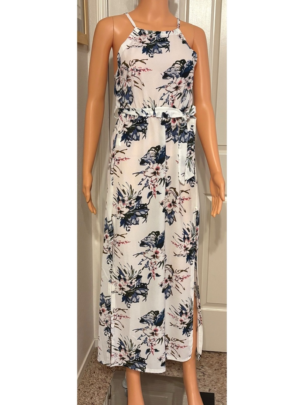 Floral Halter Maxi Dress in White and Navy Never Worn